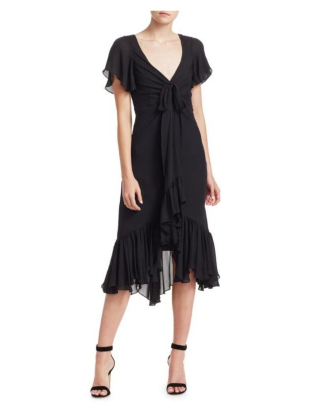 CINQ A SEPT CECIL Black 100% Silk Midi DRESS Flirty Romantic Ruffles Bow Sz 10 - Picture 7 of 10